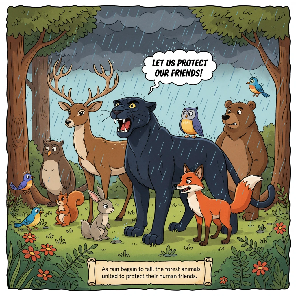 As the first drops of rain fell, the animals of the forest, from the smallest bird to the largest deer, gathered together with a sense of urgent purpo