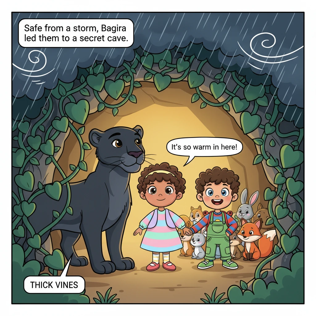 Bagira, with calm determination, guided the children and all the animals to a secret, cozy cave, hidden behind a curtain of thick vines. Inside, safe