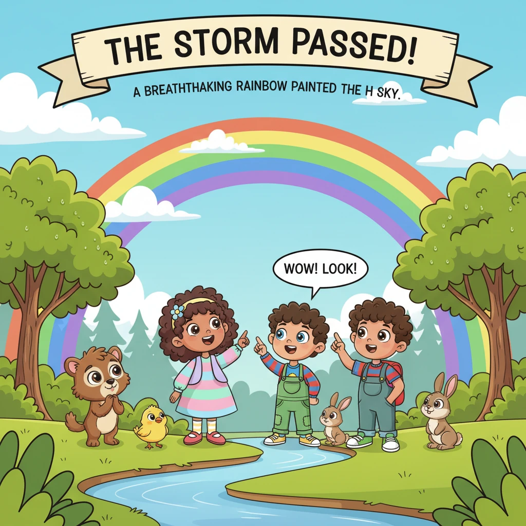 When the storm finally passed, a breathtaking sight unfolded before their eyes. A brilliant, arching rainbow painted the sky with every color imaginab