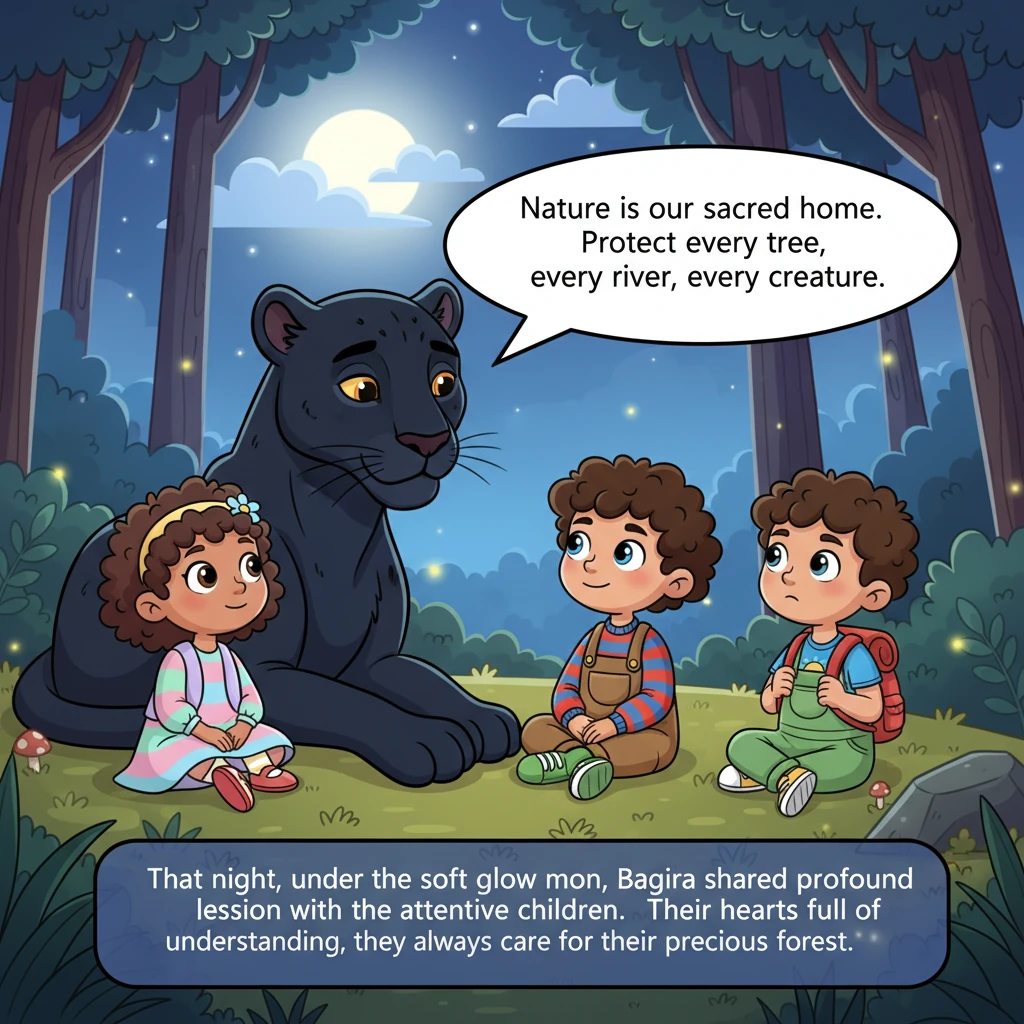 That night, under the soft glow of the moon, Bagira shared a profound lesson with the attentive children. "Nature is our sacred home," the wise panthe