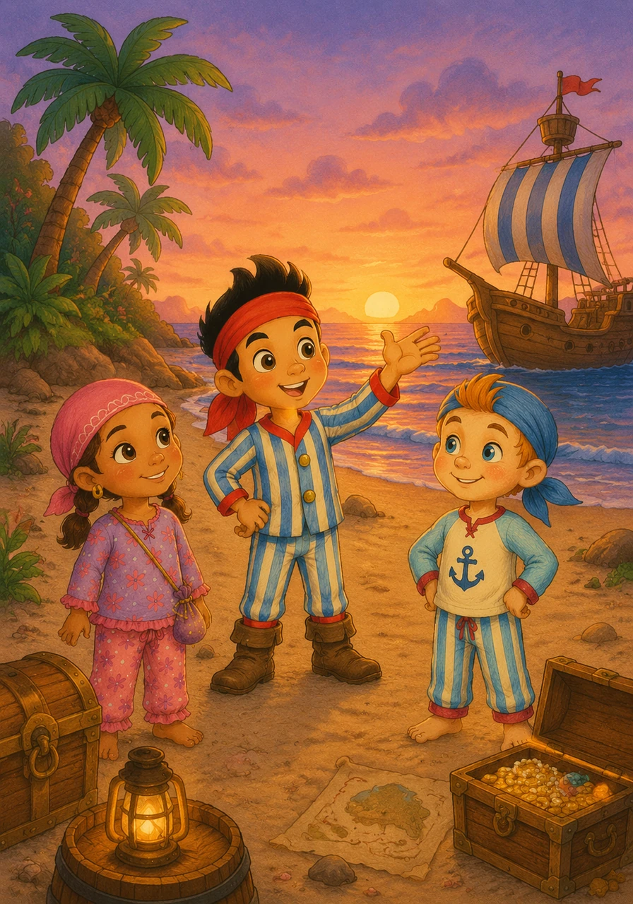 As the golden sun dips below the horizon of Pirate Island, Jake calls out to his crew that it is time to wrap up their adventures for the day. The sky turns a soft shade of purple and orange, signaling that the busy day of treasure hunting is coming to an end.