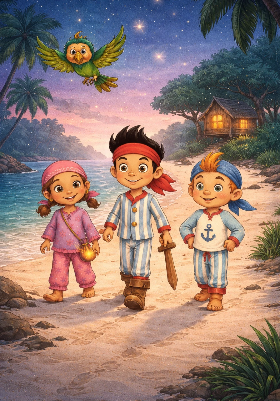 The crew walks back toward their secret hideout, their boots crunching on the soft white sand of the beach. Skully the parrot flies circles above them, chirping a gentle evening song as the first stars begin to twinkle in the vast Neverland sky.