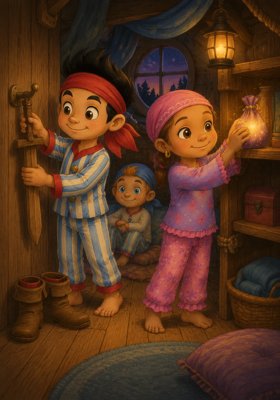 Inside the hideout, Jake carefully hangs his wooden sword on its special hook and sets his boots aside. Izzy takes off her small pouch of pixie dust, placing it safely on the shelf where it glows faintly in the dimming light.