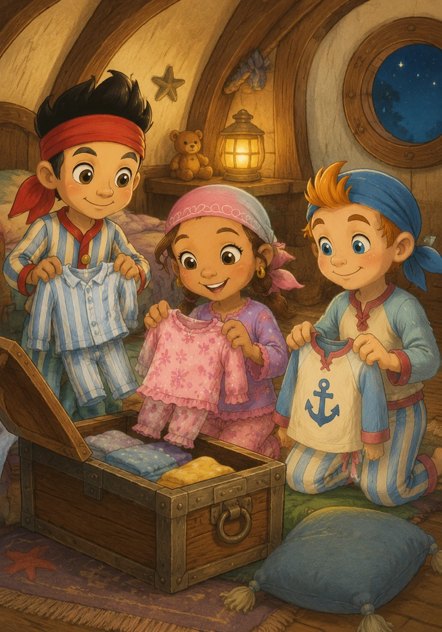 Cubby finds the treasure chest where they keep their pajamas and pulls out three sets of soft, colorful nightclothes. The friends help each other gather their things, moving a little slower now as the day's excitement fades into a peaceful calm.