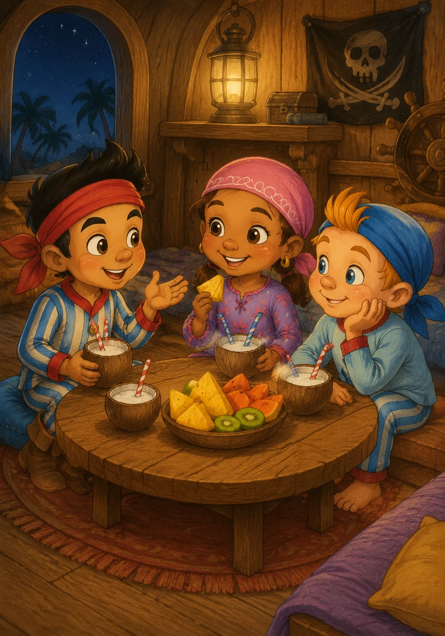 Before heading to bed, they gather around the small wooden table for a light snack of tropical fruit and cool coconut milk. They talk quietly about their favorite parts of the day, laughing softly at the memory of their latest victory over Captain Hook.