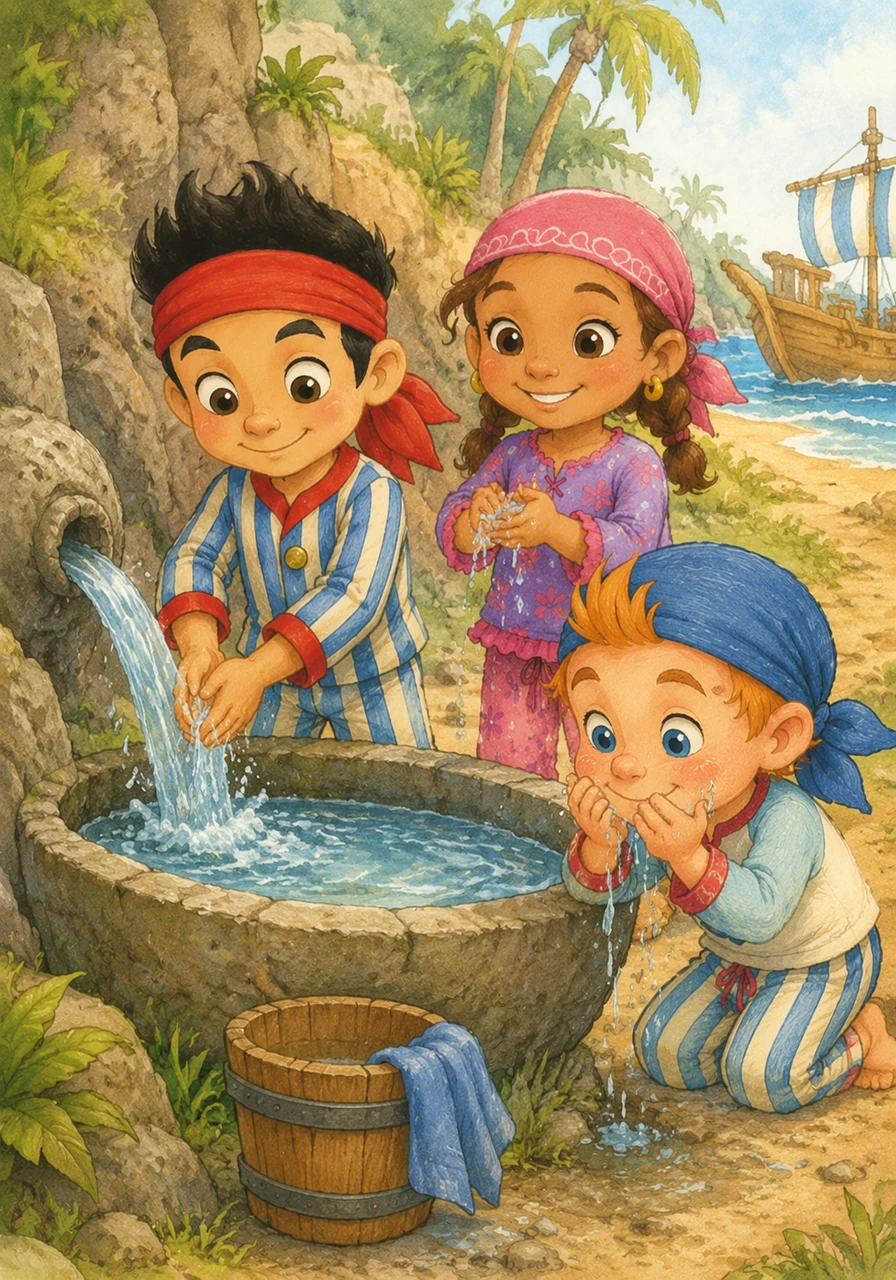 It is time to wash up, and the crew uses fresh water from the spring to scrub away the salt and sand from their hands and faces. They take turns at the basin, making sure they are clean and refreshed after their long day under the sun.