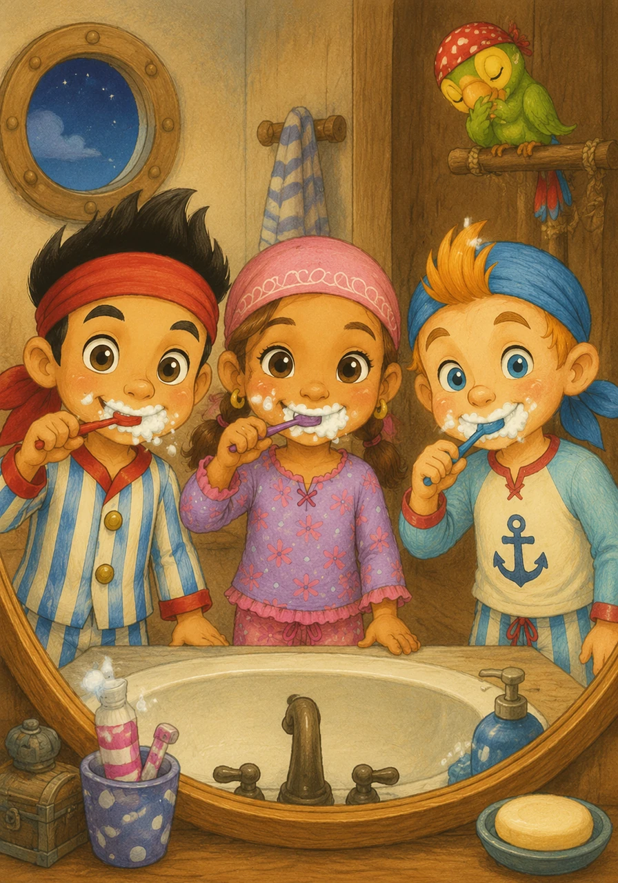 Jake, Izzy, and Cubby brush their teeth together, making bubbly white foam and checking their bright smiles in the mirror. Skully watches from his high perch, tucking his head under his wing as he starts to feel sleepy too.