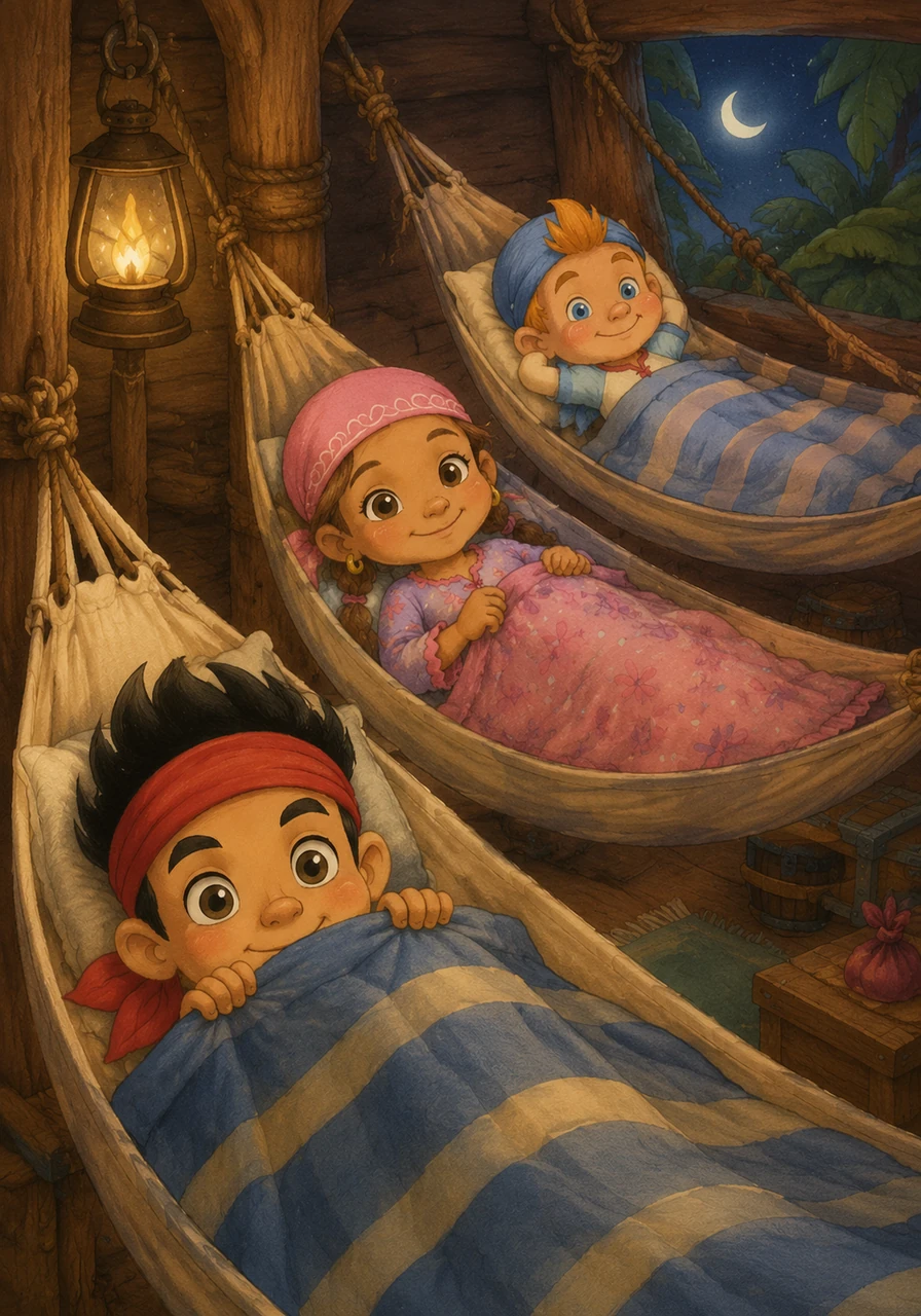 One by one, the young pirates climb into their cozy hammocks, which sway gently with the evening breeze entering the hideout. Jake pulls his blanket up to his chin, feeling the soft fabric against his skin as he settles into a comfortable position.