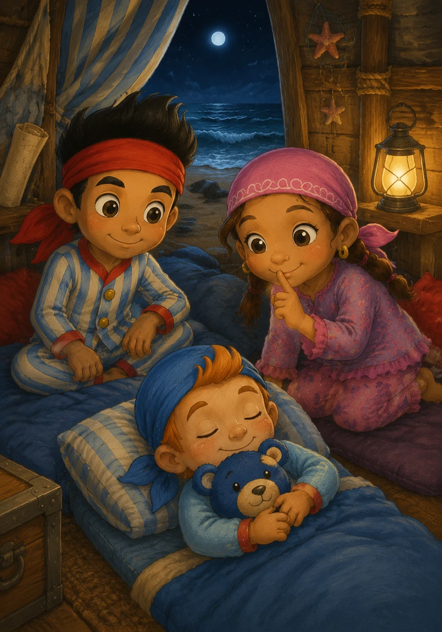Izzy whispers a quiet goodnight to her friends, and Cubby hugs his favorite stuffed animal tight before closing his eyes. The hideout is filled with the rhythmic sound of the ocean waves crashing against the shore in the distance.