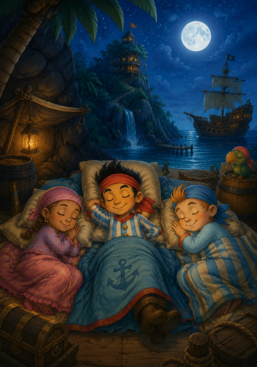 The moon rises high over Pirate Island, casting a silvery glow over the sleeping crew and their secret home. With dreams of new adventures waiting for them tomorrow, Jake and his friends drift off into a deep, peaceful sleep.