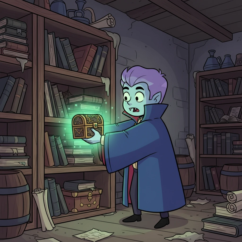 Elian, a stylish vampire with a penchant for antique maps, was tidying his dusty cellar when his hand brushed against something strange behind an old bookshelf. It was a small, ornate box, glowing faintly with an eerie, emerald light. His eyes, usually sharp, widened with curiosity as he pulled it free.