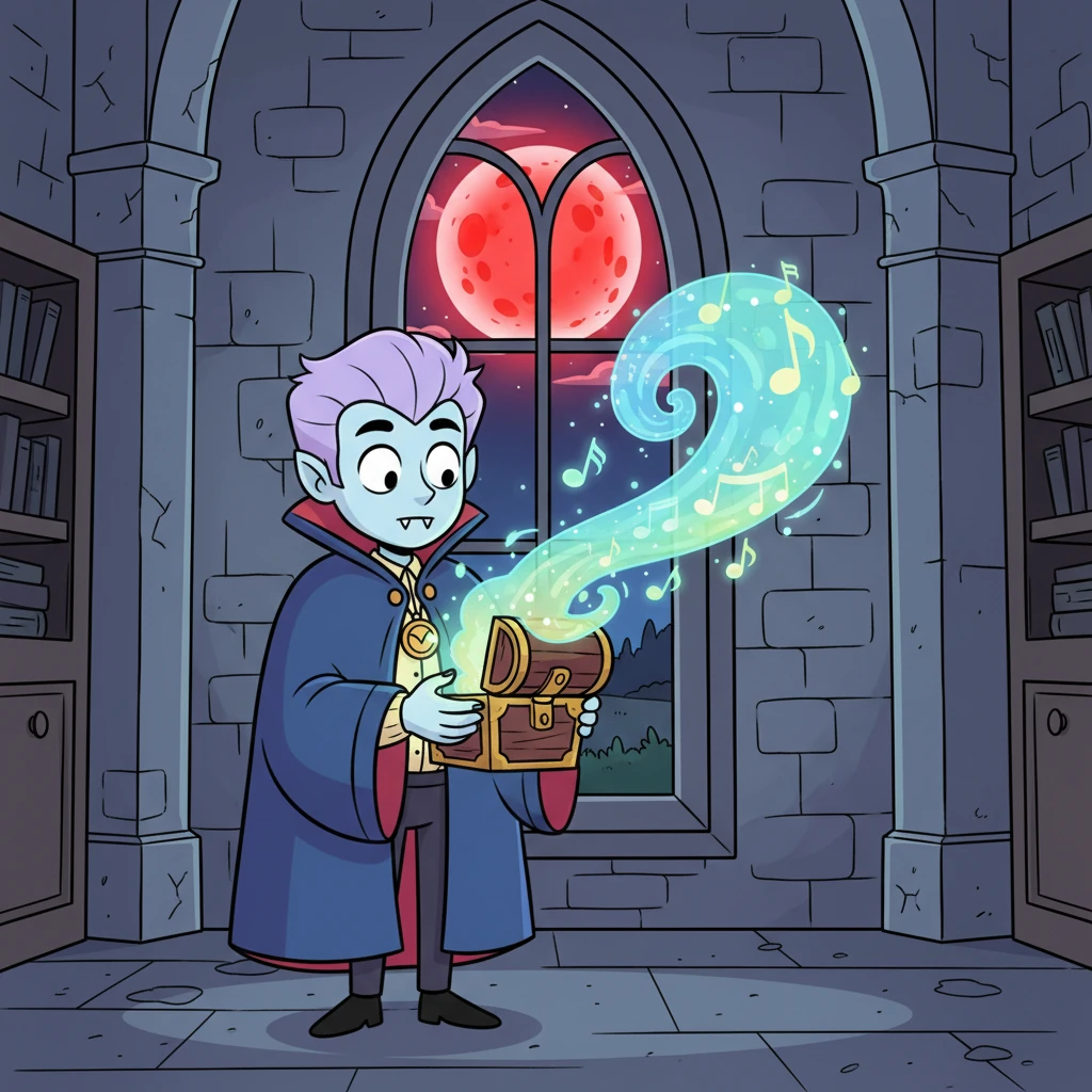 As Elian opened the box, a shimmering mist swirled out, carrying with it an ancient, forgotten melody that echoed through his lair. Outside, the serene full moon began to change, its silver light slowly deepening into a terrifying, blood-red orb that pulsed with dark energy. A forgotten curse, dormant for centuries, had awakened.