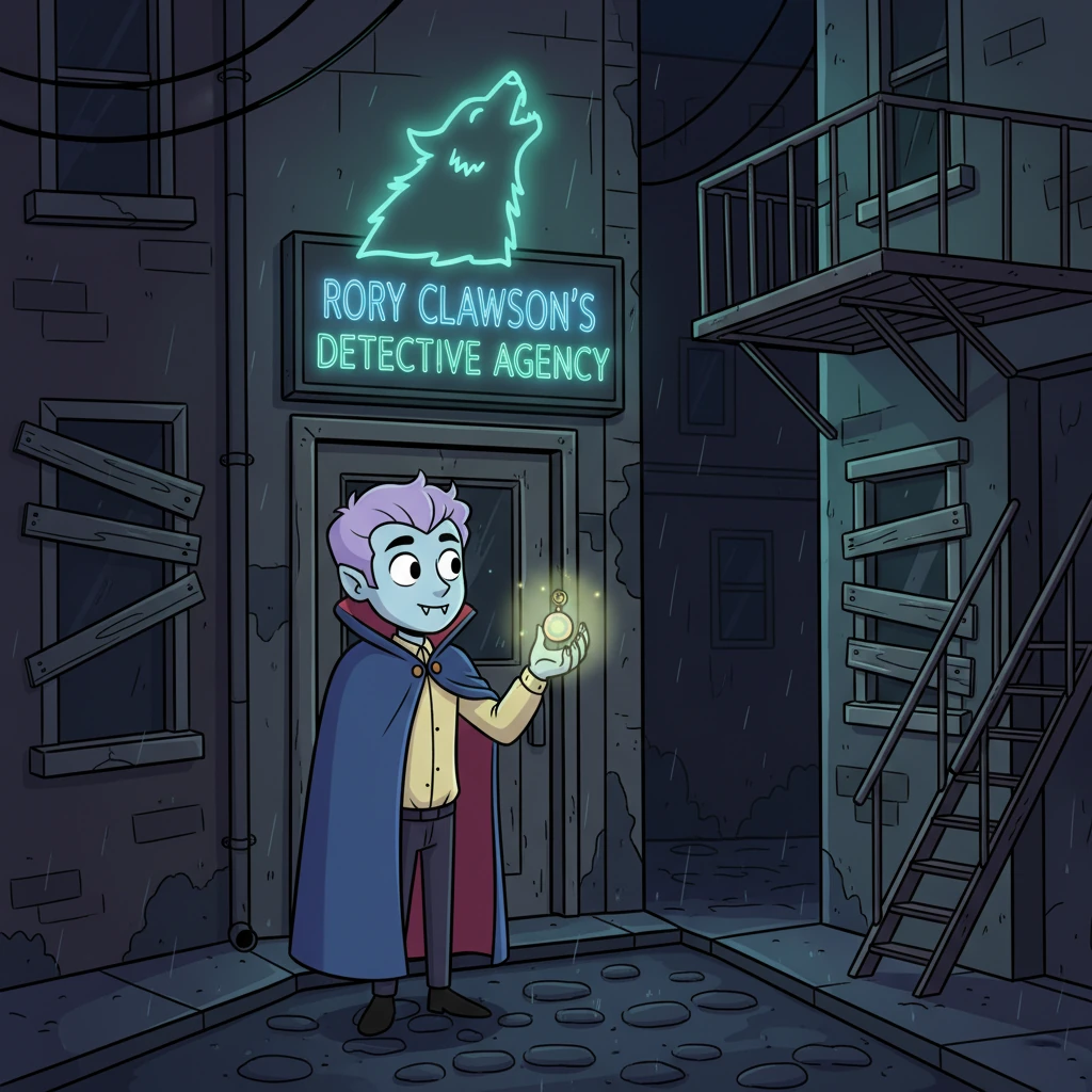 Remembering hushed whispers of a rogue werewolf who solved mysteries, Elian donned his cloak and ventured out into the troubled streets. He found Rory Clawson's office, a ramshackle detective agency tucked away in a shadowy alley, its neon sign flickering like a nervous firefly. Elian knew this unlikely alliance was his only hope to fix his mistake.