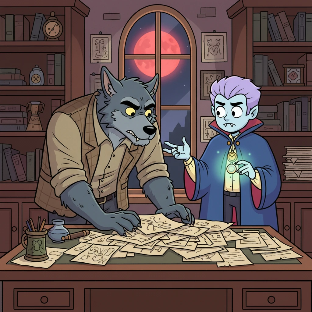Inside, Rory Clawson, a gruff but sharp-witted werewolf with a keen eye for details, was sifting through papers, looking for clues to the city's sudden bizarre happenings. Elian explained the artifact and the blood moon, his usual vampire charm mixed with genuine urgency. Despite their natural rivalry, Rory, sensing the true danger, agreed to help, his brow furrowed in concentration.