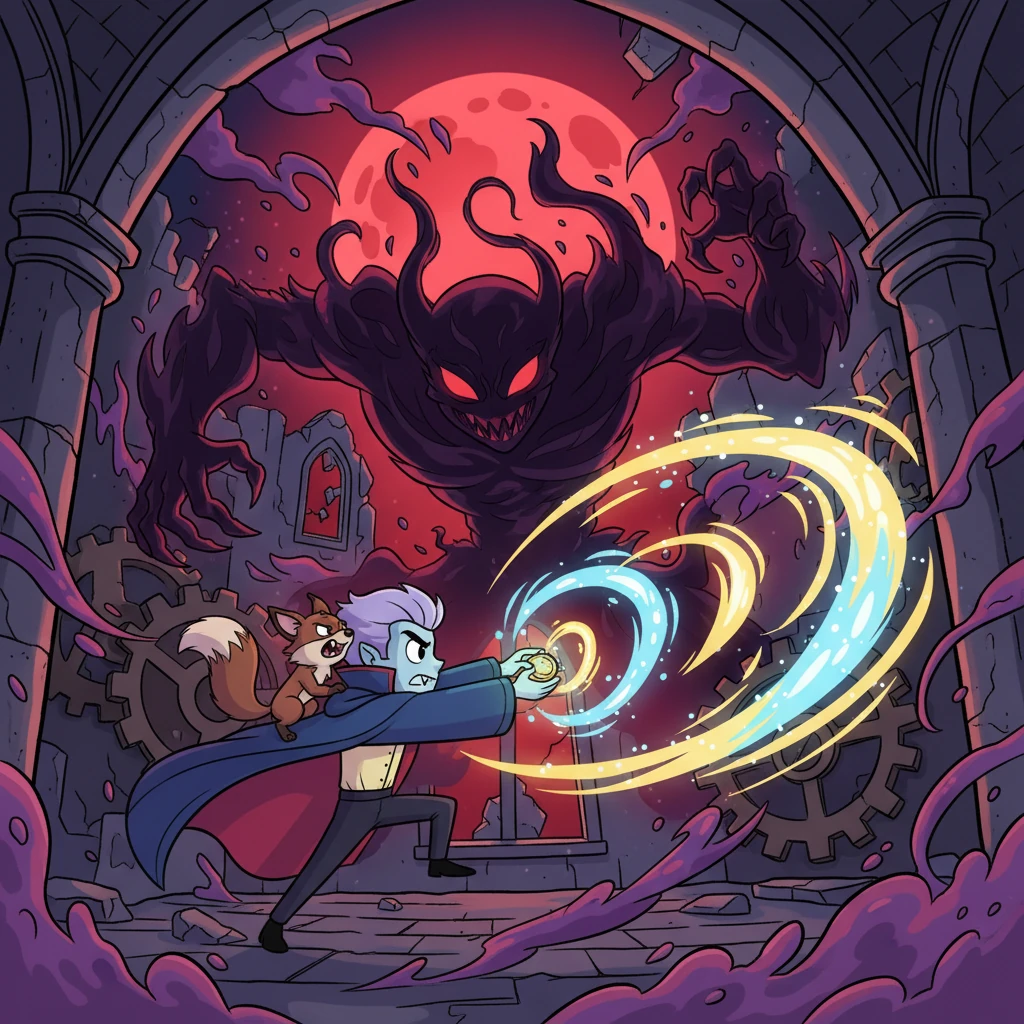 Following the grimoire's clues, they ventured into the city's old clock tower, where the curse's energy seemed to converge, pulsating ominously. A shimmering, shadowy guardian, formed from the curse itself, blocked their path, its eyes glowing with the same blood-red light as the moon. Elian and Rory had to combine their unique abilities and wits to overcome it.