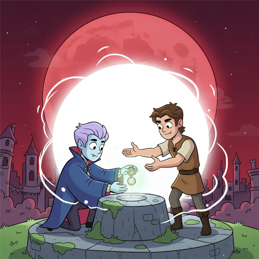 Working together under the oppressive red moon, Elian carefully placed the artifact in the designated spot while Rory channeled his inner strength, their hands touching briefly in a symbolic act of unity. A brilliant burst of pure white light erupted, washing away the crimson hue from the sky with a gentle whoosh. The moon returned to its serene silver, and the city's wildness faded, replaced by a calm, peaceful night.