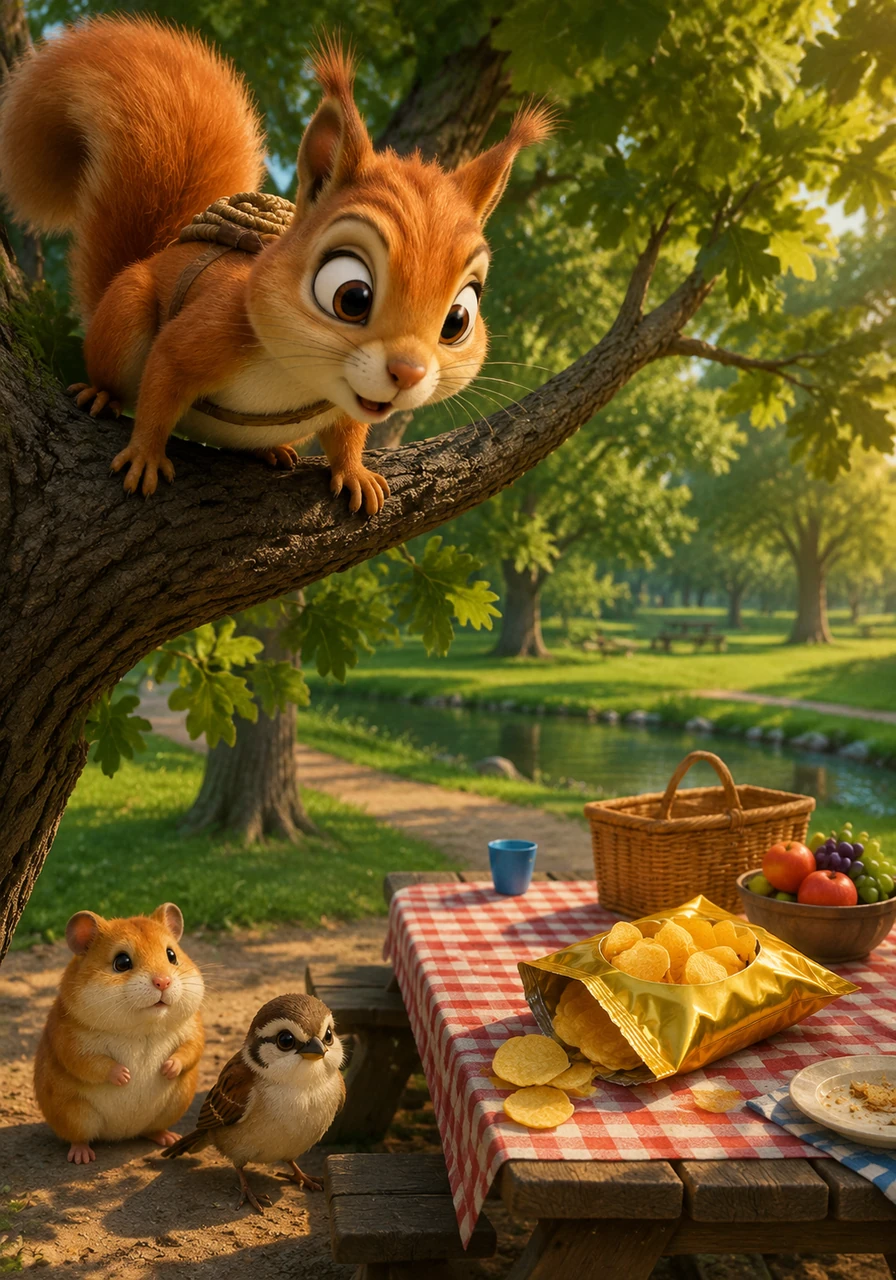 Squeaky the squirrel perched on a high oak branch, his eyes widening as he spotted a shimmering bag of salty potato chips left unattended on a sunny park picnic table. He knew this was the ultimate prize, the legendary Golden Crunch he had heard of in forest whispers.