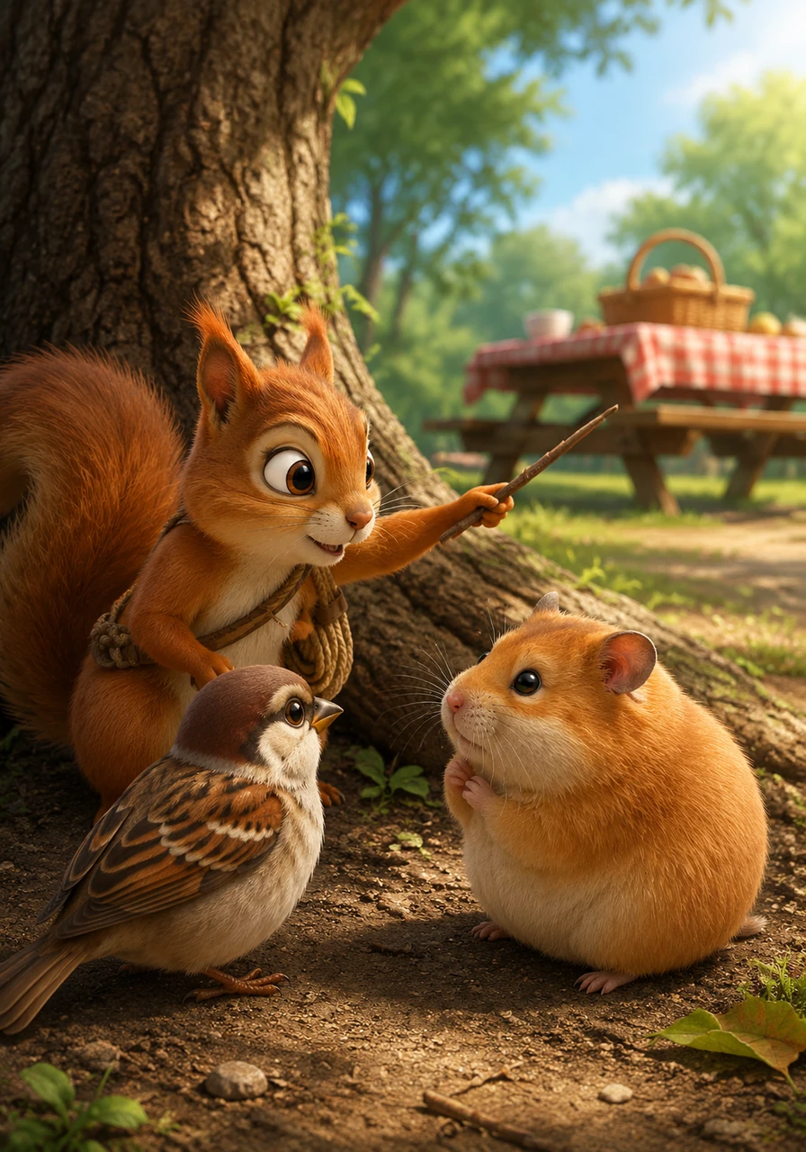 Down at the base of the tree, Squeaky gathered his trusty team: Pip the sparrow and Barnaby the chubby hamster, pointing toward the picnic table with a small twig. They huddled close, whiskers twitching as they memorized the daring plan for the greatest heist the park had ever seen.
