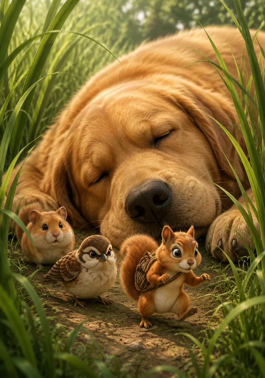 The first hurdle was Buster, a giant, snoring golden retriever sprawled directly in their path like a fuzzy mountain. Squeaky led the way on tip-toe, his heart racing with every low rumble of the dog’s breath as they navigated through a forest of tall blades of grass.