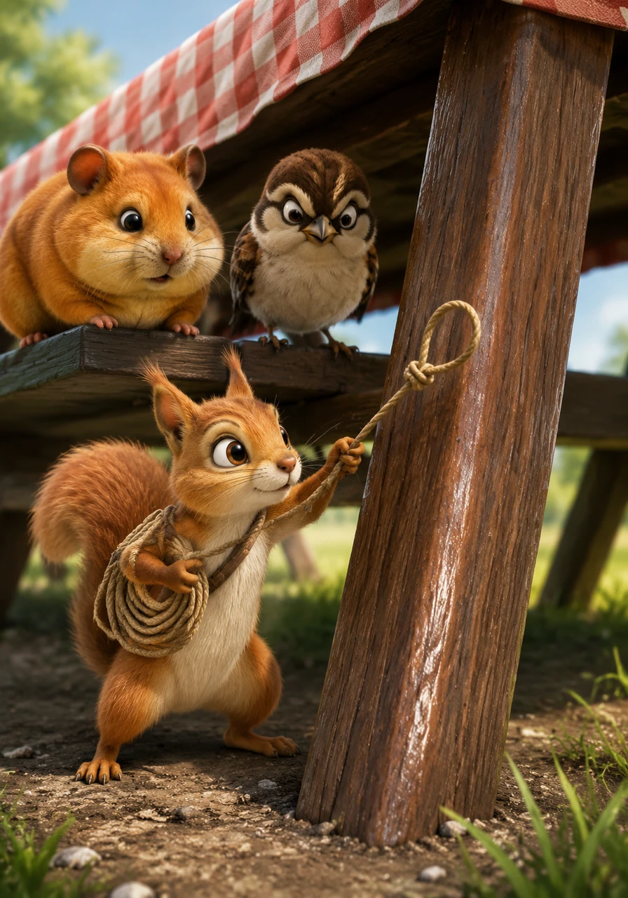 Reaching the wooden leg of the picnic table, Squeaky realized it was far too slick to climb normally. He pulled out a coil of sturdy twine he’d scavenged from a lost kite and prepared to launch his secret weapon to reach the summit.
