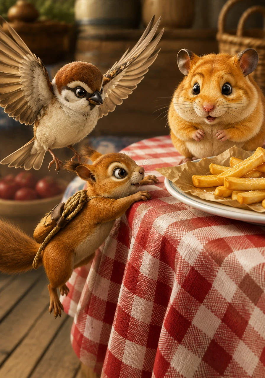 With a graceful leap and a bit of help from Pip’s fluttering wings, Squeaky swung upward, his tiny paws gripping the edge of the red-and-white checkered tablecloth. He scrambled onto the surface, the scent of salt and oil filling his nose with delightful anticipation.