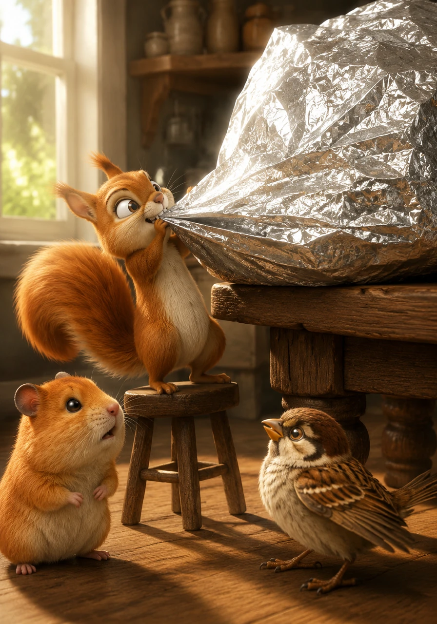 Squeaky reached the crinkly silver bag, which looked like a massive mountain of foil reflecting the bright afternoon sun. He grabbed the corner with his teeth, pulling with all his might, but the bag didn't budge an inch against the heavy table.