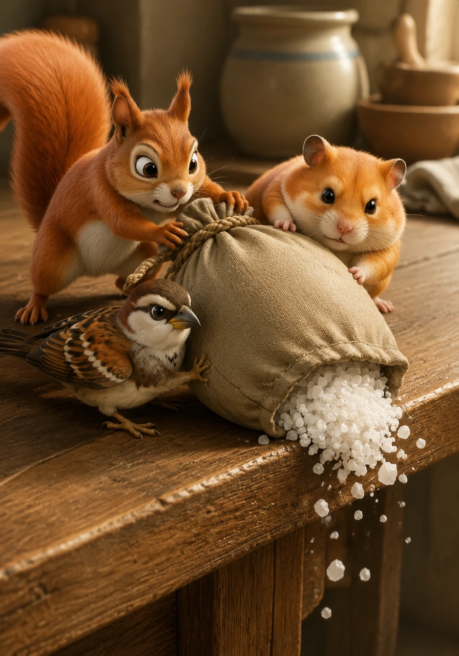 Realizing he couldn't do it alone, Squeaky signaled to Barnaby and Pip, who rushed to join him on the table. Together, the three friends pushed and pulled the bag toward the edge, their tiny muscles straining against the weight of the salty treasure.