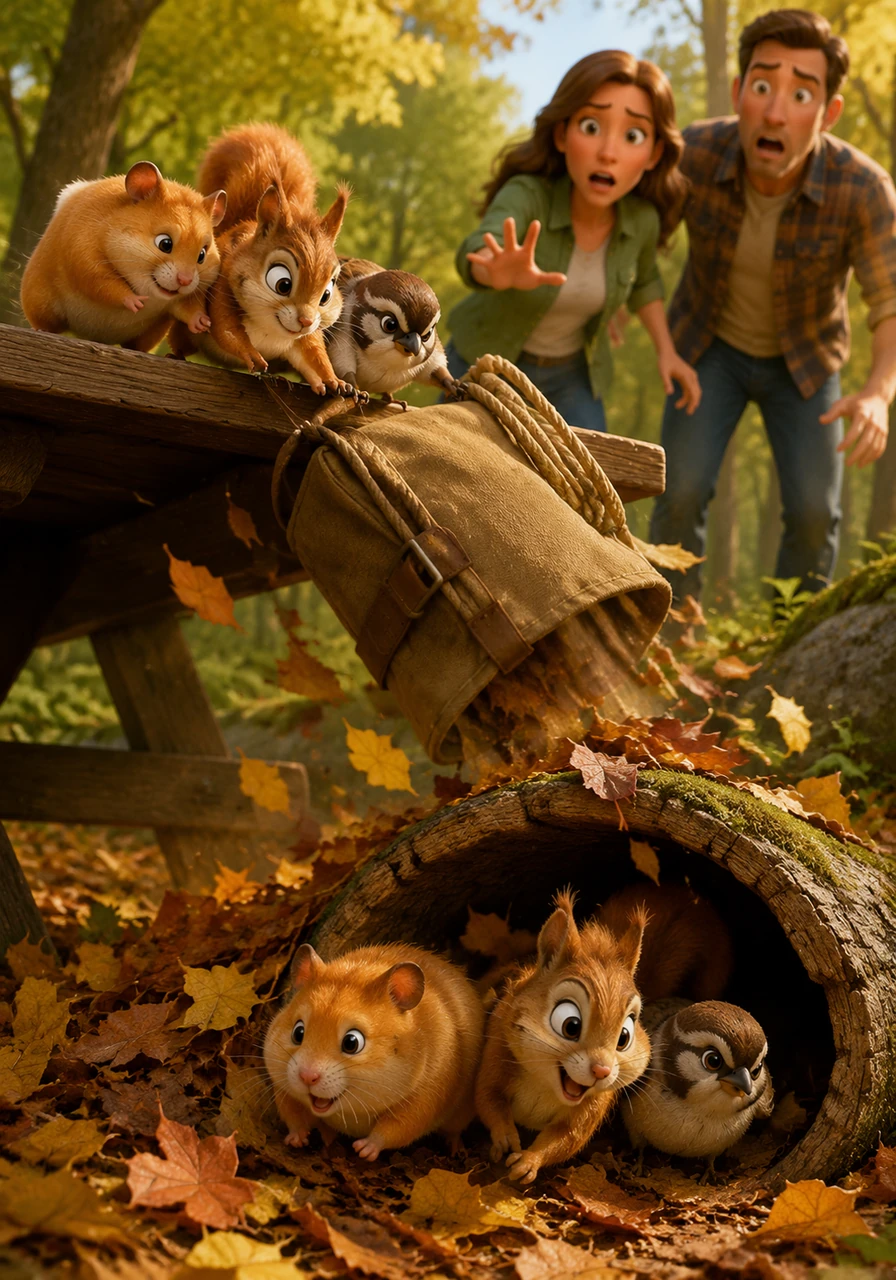 In a final, desperate burst of energy, they gave one last collective shove, sending the bag tumbling off the table and right into a waiting pile of soft leaves. They tumbled down after it, scurrying into the safety of a hollow log just as the humans reached the table.