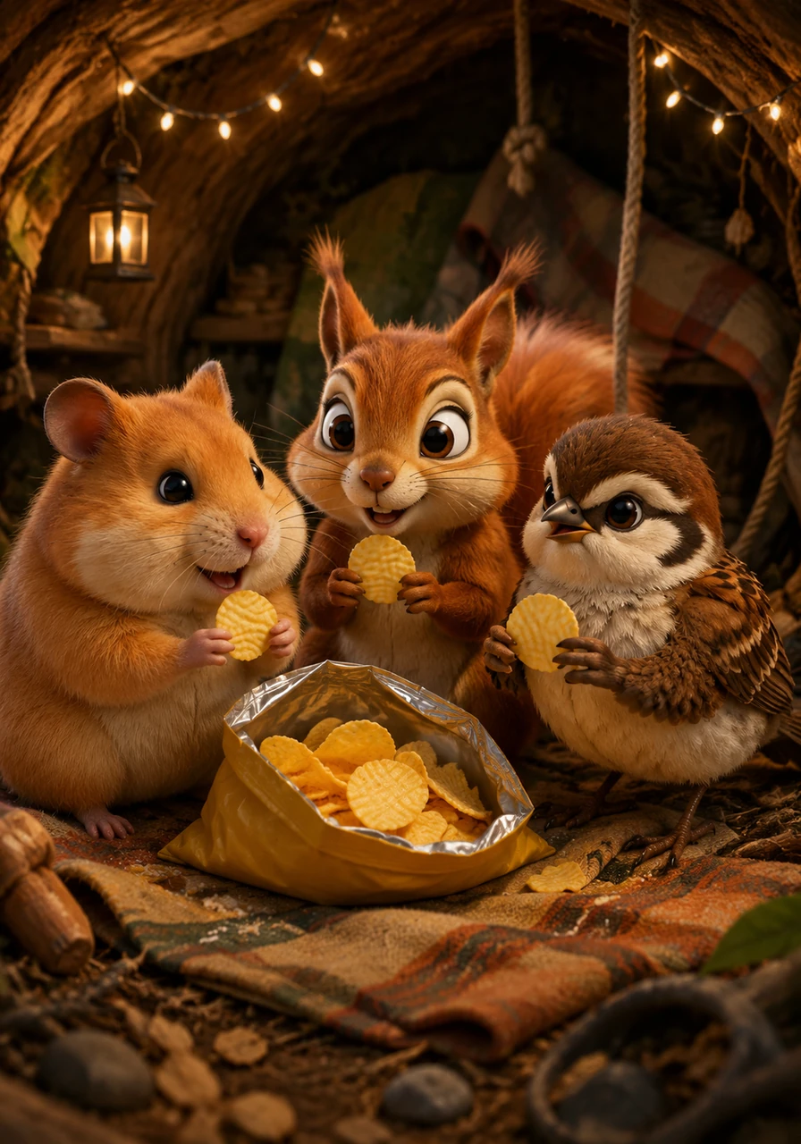 Safe inside their secret hideout, the trio finally popped open the bag with a satisfying crinkle and shared the salty treats. Squeaky grinned at his friends, knowing that while the chips were delicious, the adventure they shared was the real prize of the Great Chip Caper.