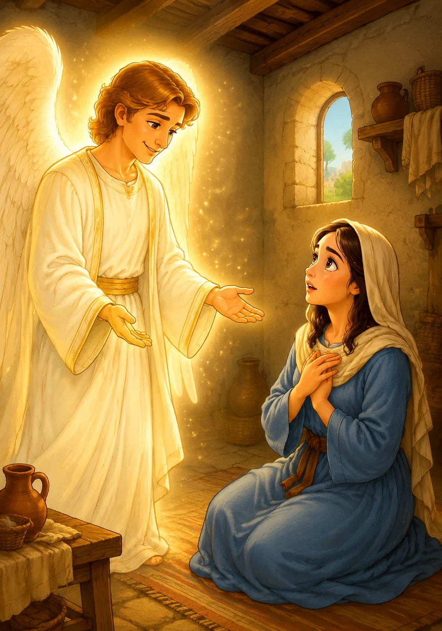 In the quiet town of Nazareth, a young woman named Mary was visited by a radiant angel named Gabriel. The angel delivered a miraculous message that she would give birth to a son who would be the Savior of the world.