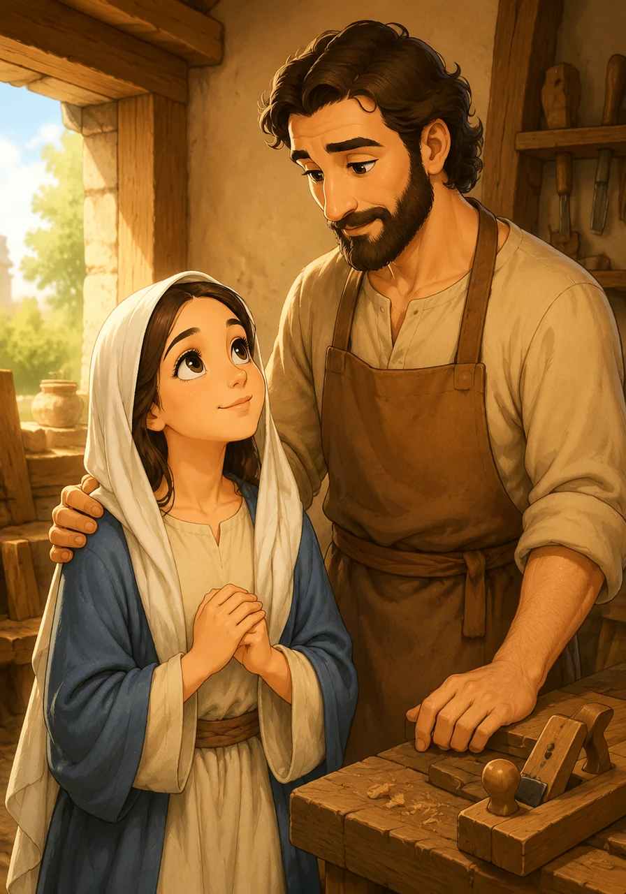 Mary's heart was filled with wonder and peace as she accepted this divine calling. She shared the incredible news with Joseph, a kind and humble carpenter, who stood by her side with deep faith and devotion.