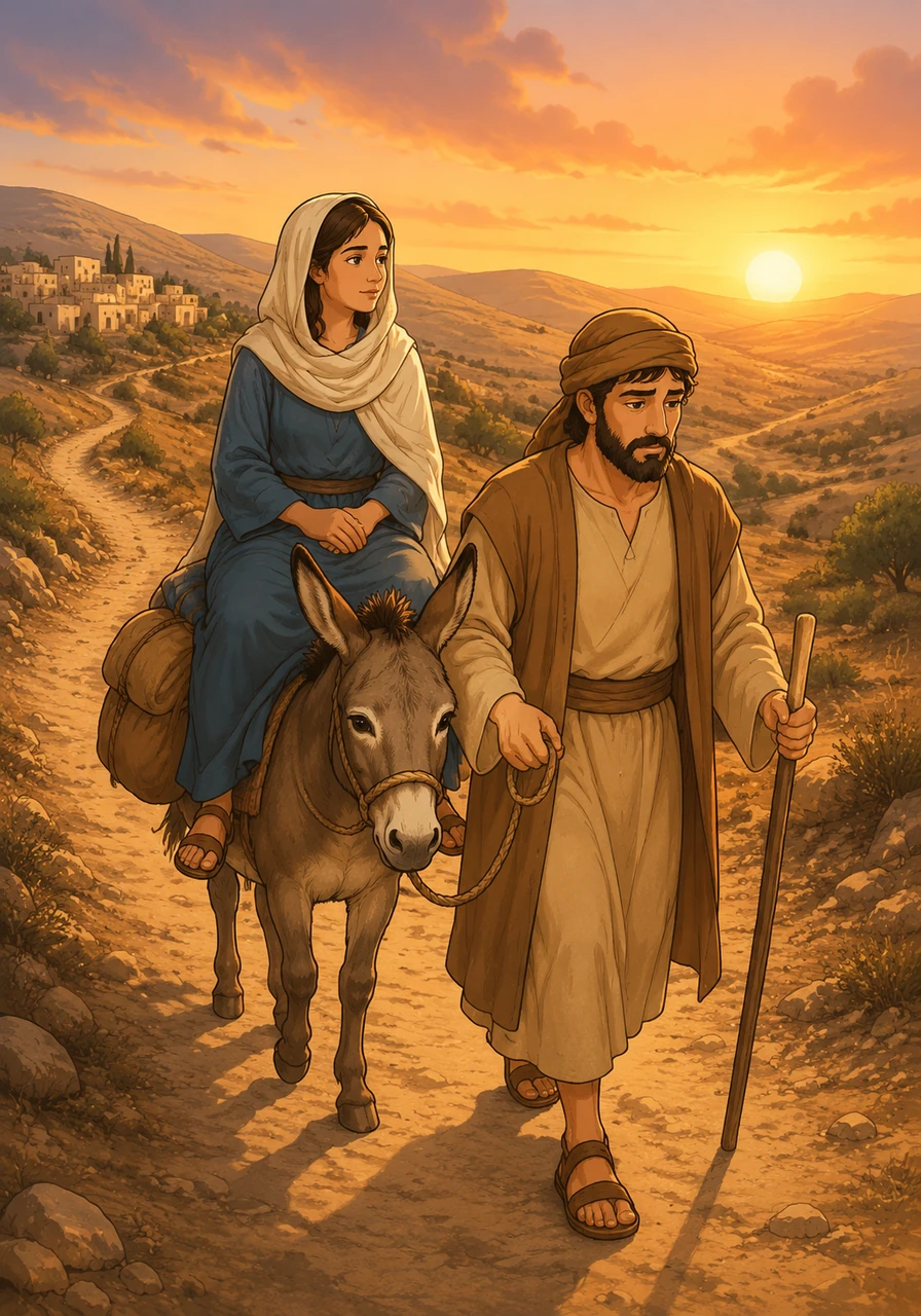 A decree from the Emperor required everyone to return to their ancestral towns for a census. Joseph and Mary began the long, dusty journey from Nazareth toward the hills of Judea.