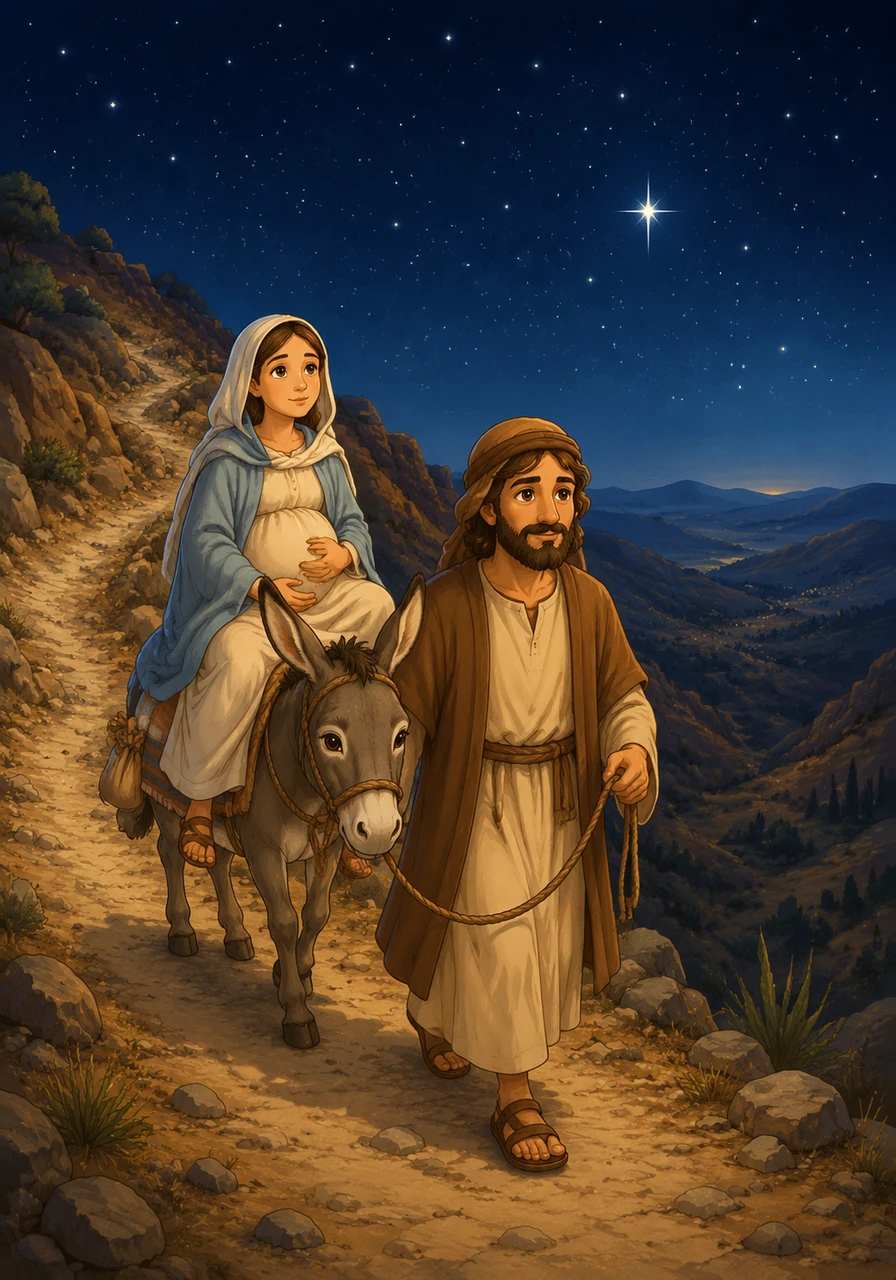 The path to Bethlehem was steep and tiring, but Joseph guided their donkey carefully along the winding roads. They traveled under the vast desert sky, carrying the hope of the world with them.