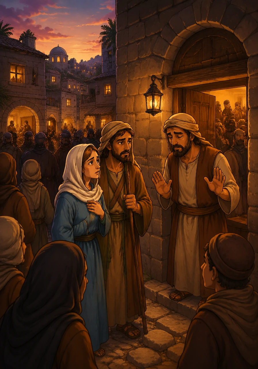 As they reached the small town of Bethlehem, the sun began to set, and the streets were crowded with travelers. Every house and inn was already full, leaving the weary couple with nowhere to rest.
