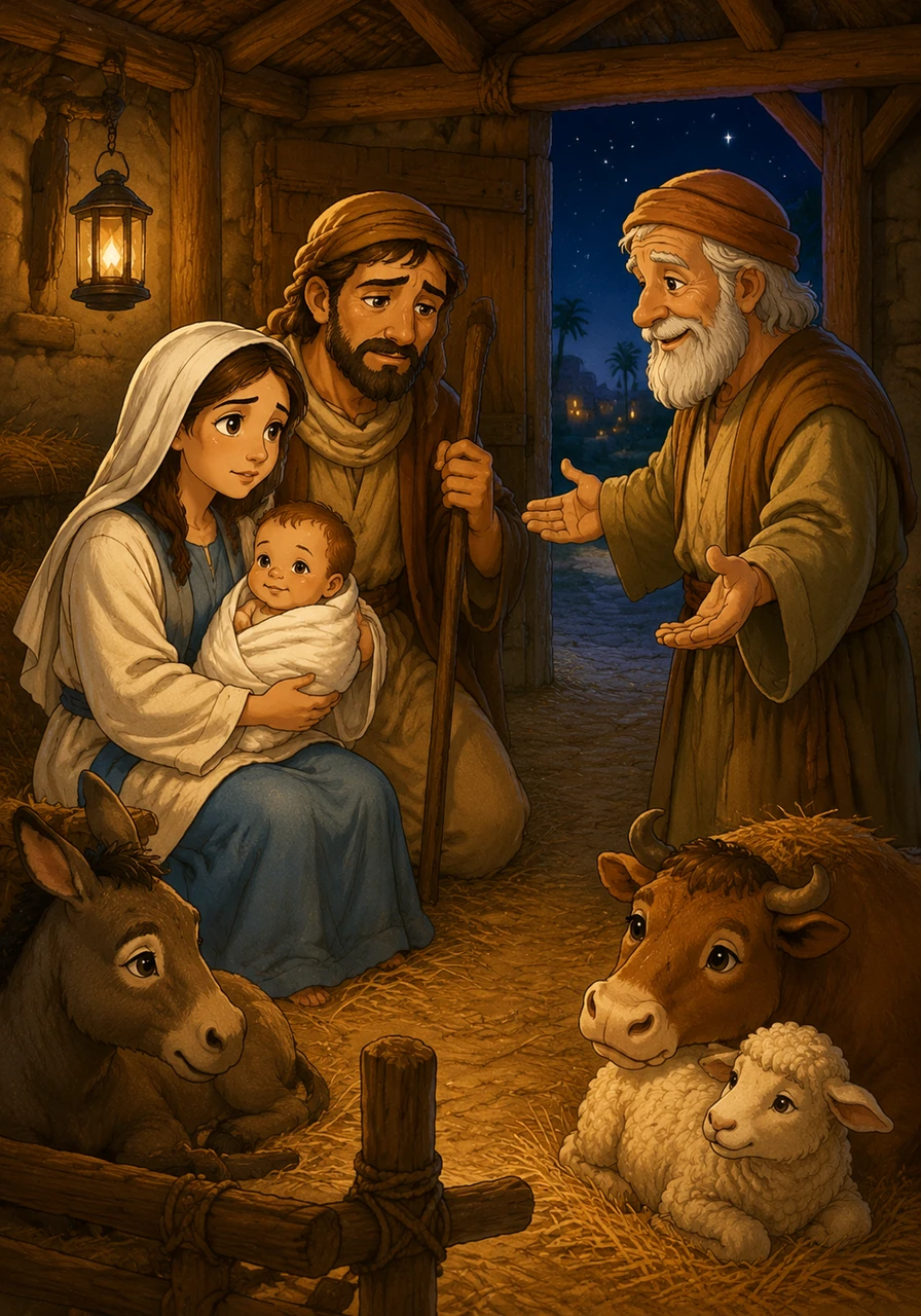 A kind innkeeper saw Mary’s weariness and offered them the only space he had left. It was a simple, quiet stable where animals sought shelter from the cool night air.