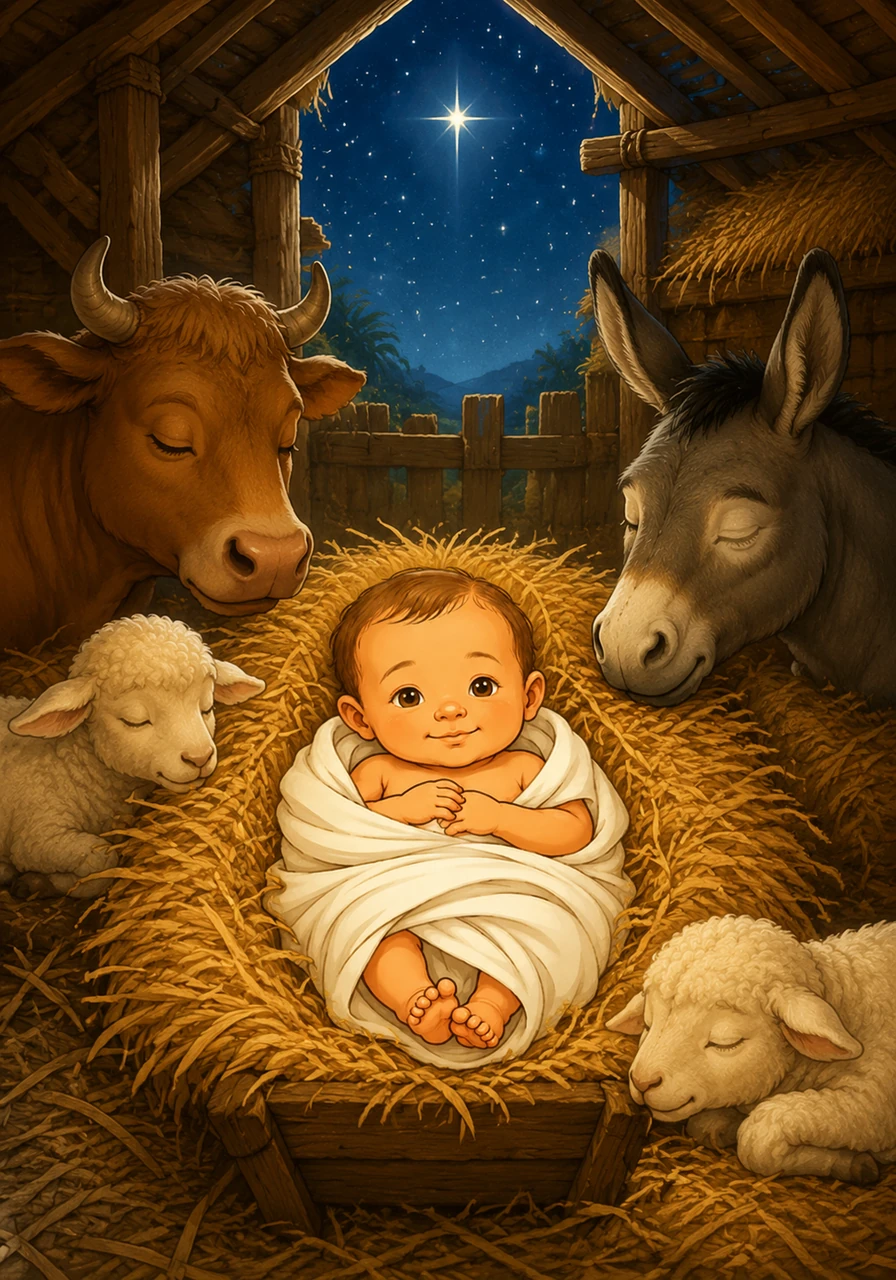Inside the humble stable, surrounded by the scent of hay and the soft sounds of resting animals, a miraculous night unfolded. The air felt still and holy as the stars began to twinkle brightly above.
