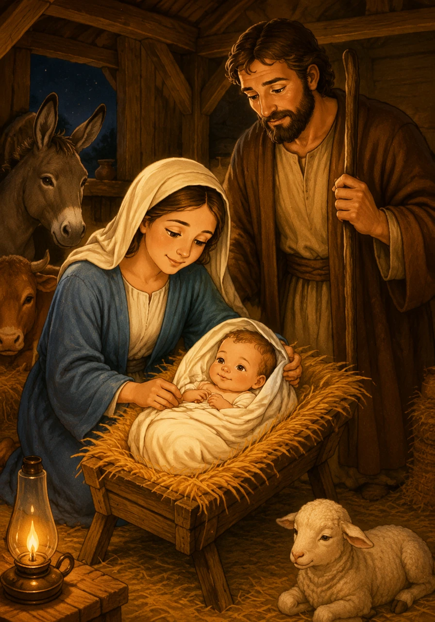 In the quiet of the night, the baby Jesus was born in the warmth of the stable. Mary wrapped Him gently in soft cloths and laid Him in a manger filled with fresh straw.