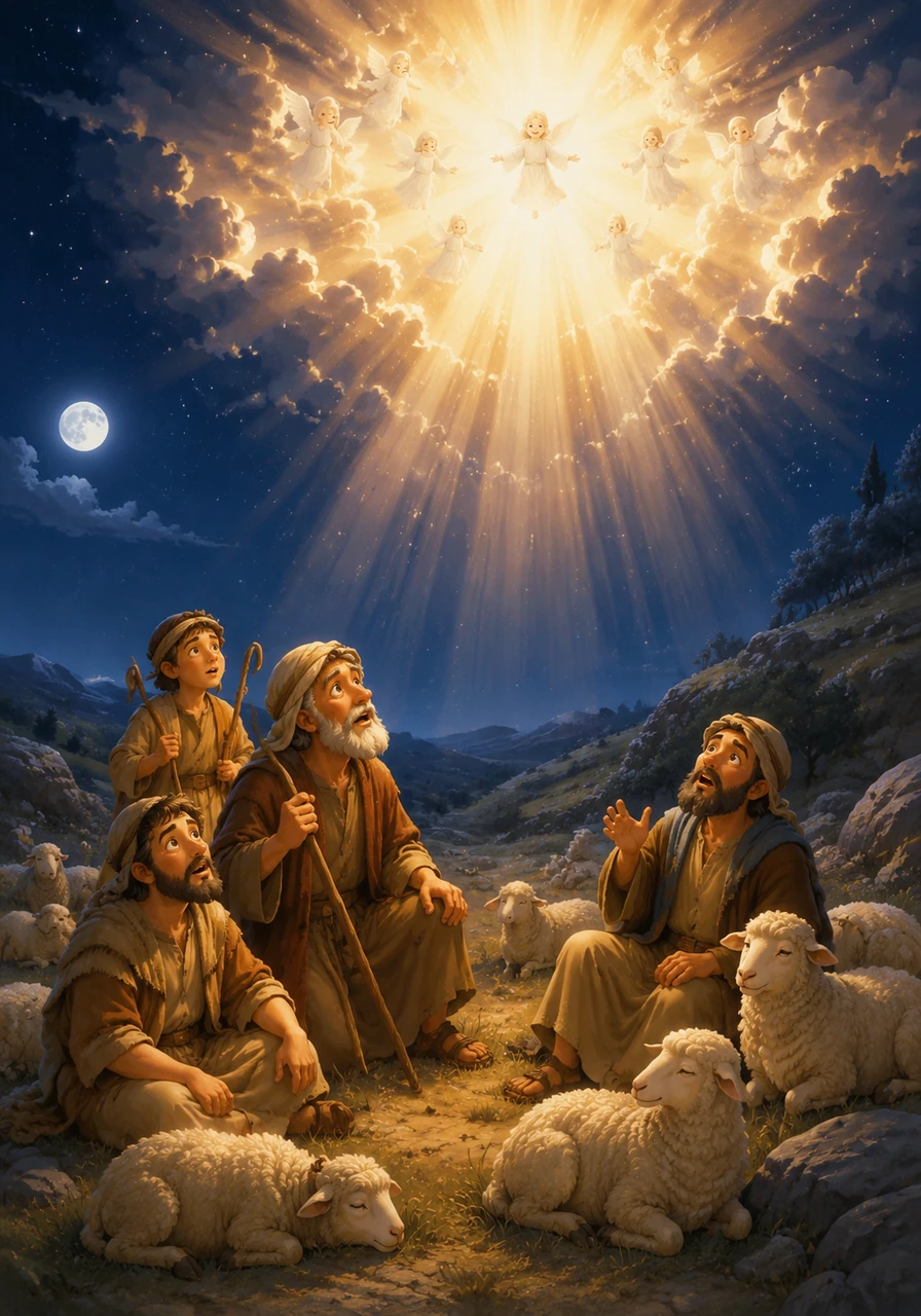 On a nearby hillside, shepherds were watching over their flocks under the silver moonlight. Suddenly, the night sky erupted with a brilliant, heavenly light that took their breath away.