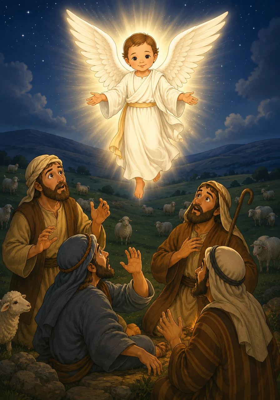 A majestic angel appeared before the trembling shepherds, telling them not to be afraid. The angel announced the joyful news that a Savior had been born this night in the city of David.