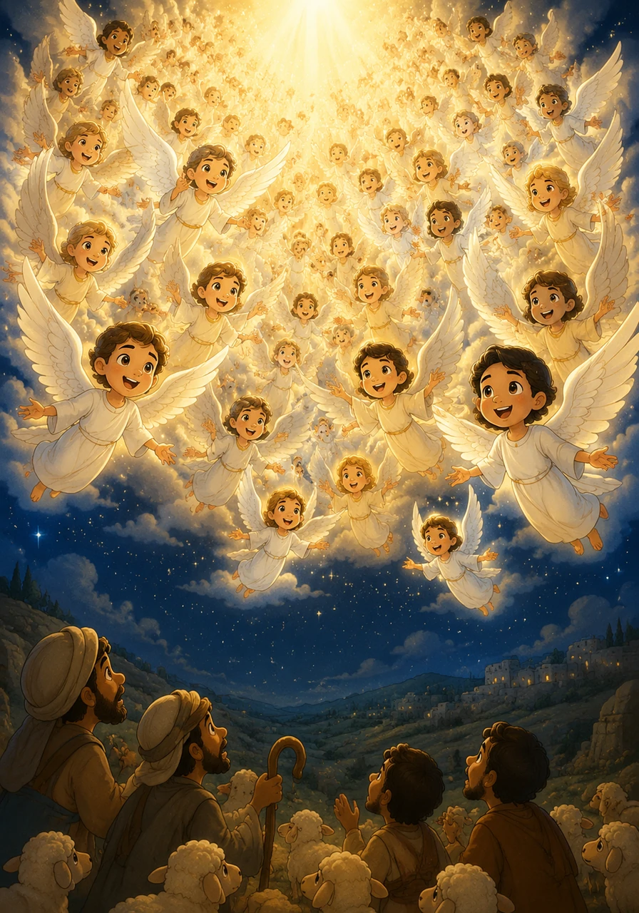 Suddenly, a great multitude of heavenly hosts appeared, filling the sky with beautiful songs of praise. They sang of glory to God in the highest and peace to all people on earth.