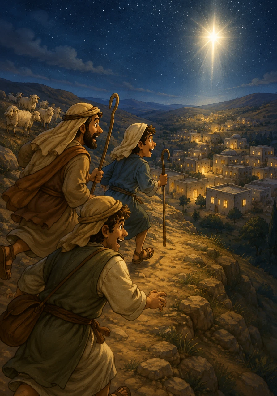 Eager to see the miracle for themselves, the shepherds left their sheep and hurried down the hillside toward Bethlehem. Their hearts raced with excitement as they entered the sleeping town.