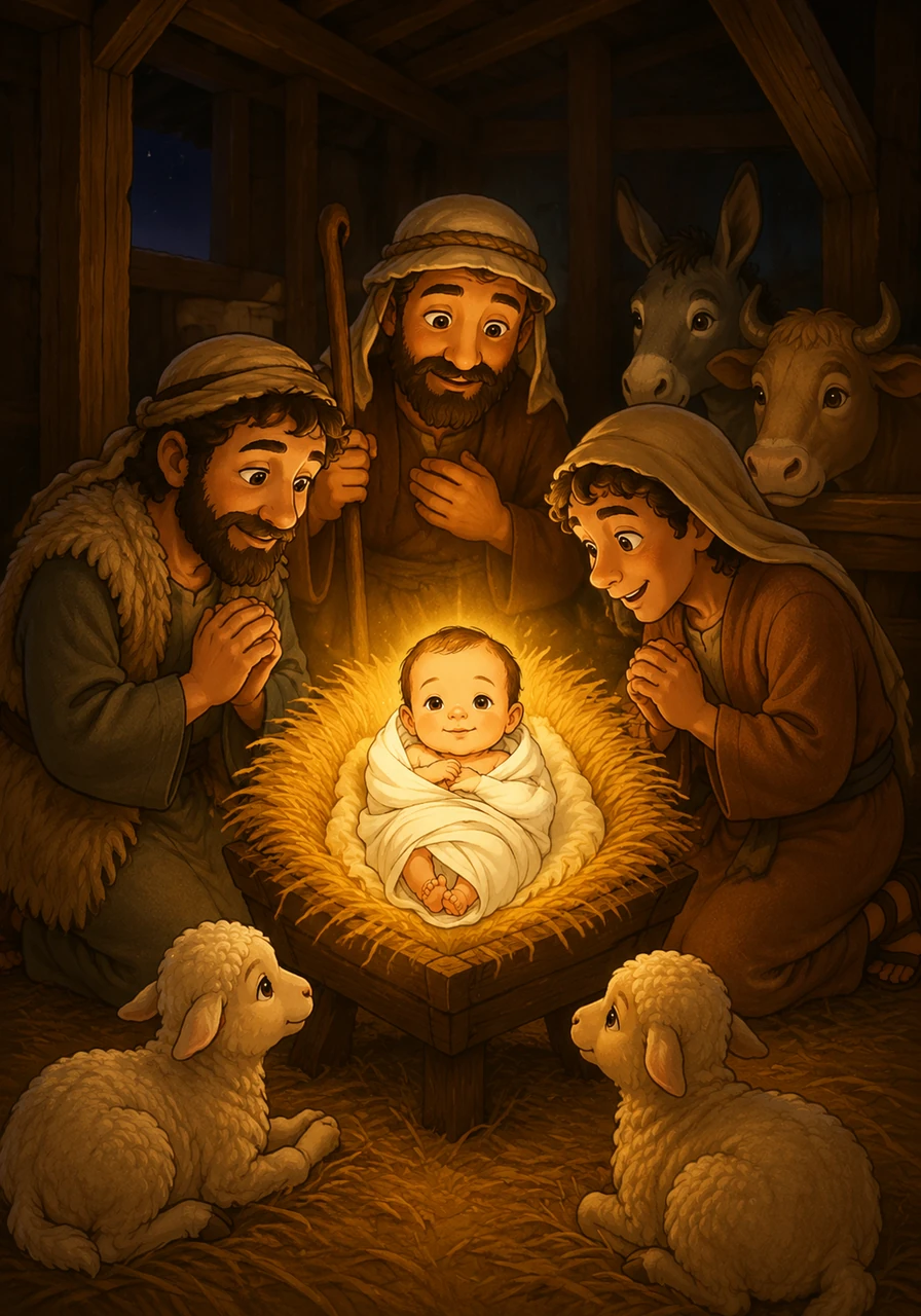 The shepherds found the stable and saw the baby lying in the manger, just as the angel had described. They knelt in humble adoration, filled with awe at the sight of the holy child.