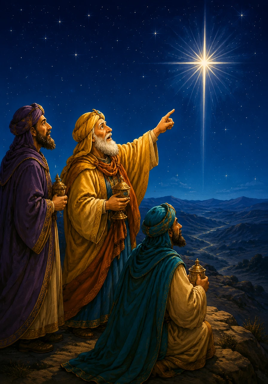 Far away in the East, wise men noticed a new and extraordinarily bright star rising in the heavens. They knew this celestial sign signaled the birth of a great King and decided to follow its light.