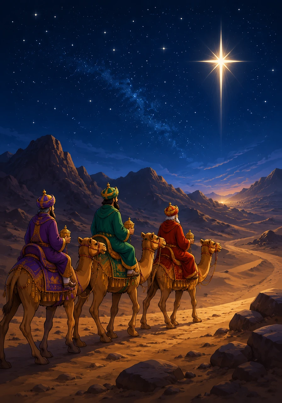 The Wise Men traveled across vast deserts and rugged mountains on their steady camels. The brilliant star remained their constant guide, shining like a beacon in the velvet darkness of the night.