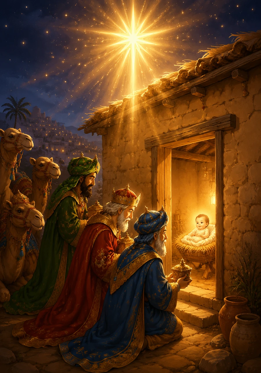 Following the star's radiant path, the Wise Men finally arrived at the humble house in Bethlehem. They were filled with overwhelming joy as the light rested directly over the place where the child was.