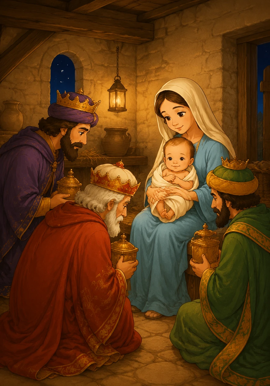 Entering the room, the Wise Men knelt before the young child and his mother in deep respect. They recognized the baby as the King of Kings and offered Him their heart's devotion.