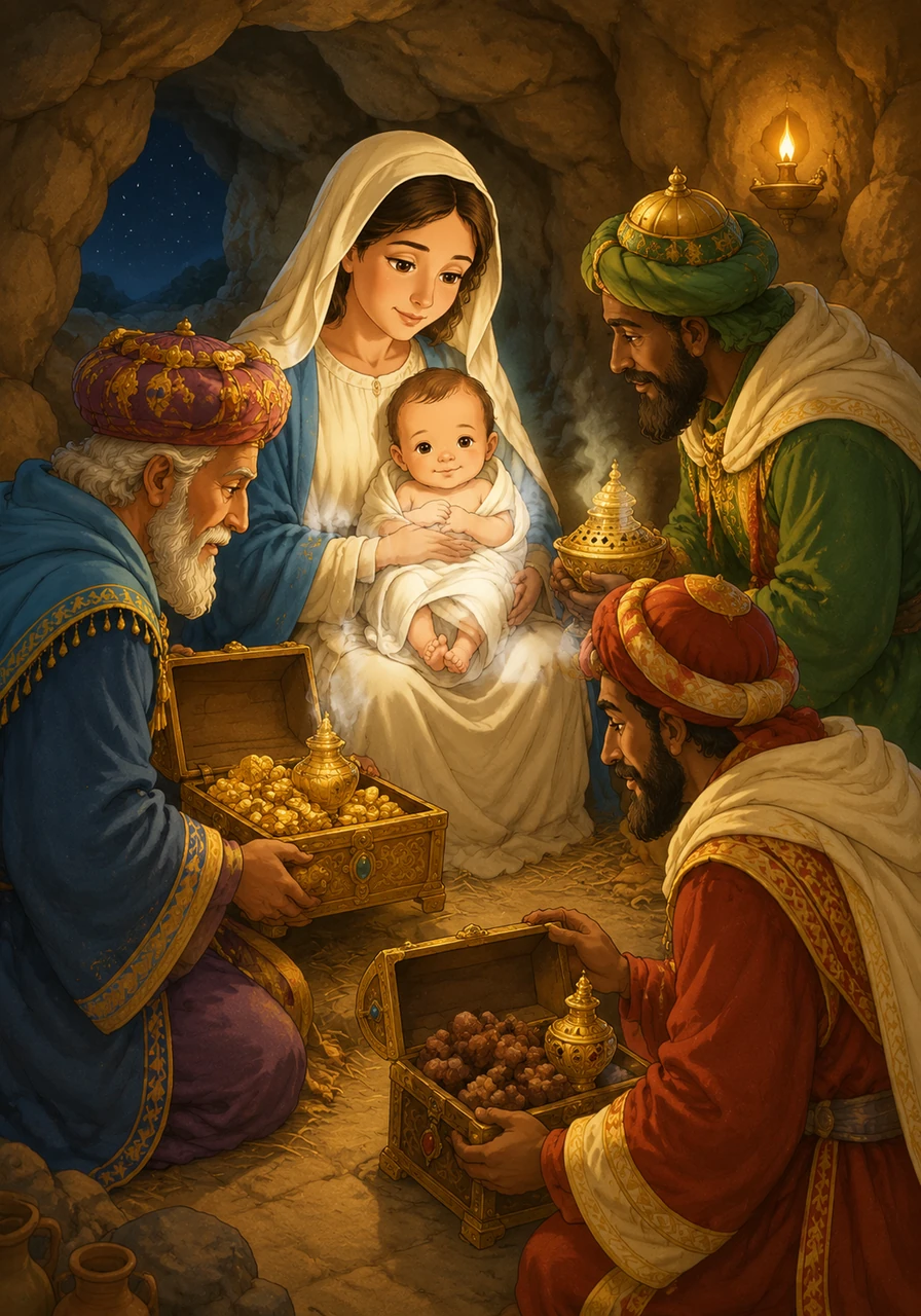 They opened their treasures and presented Jesus with precious gifts of gold, frankincense, and myrrh. These royal gifts reflected the child's majesty, divinity, and the sacrifice He would one day make.
