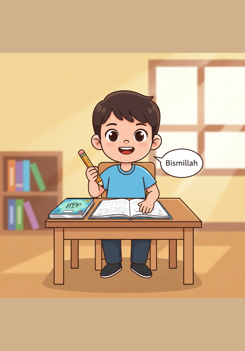 Young Omar sits at his wooden desk, opening his brand-new tracing book with a bright smile. He whispers Bismillah as he picks up his pencil, ready to start his journey of learning and faith.