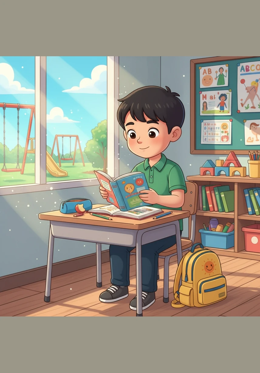 Omar carefully traces the words for the Five Pillars of Islam, imagining a strong building standing tall. The sun shines through the window, illuminating his page as he learns how faith provides a solid foundation for life.