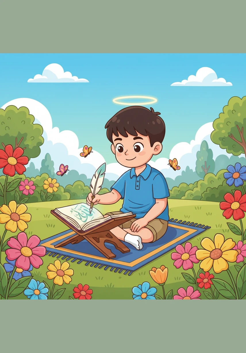 Surrounded by a lush garden of colorful flowers and fluttering butterflies, Omar traces the Beautiful Names of Allah. He feels a sense of awe as he writes Ar-Rahman, understanding that Allah's mercy is spread across all of creation.